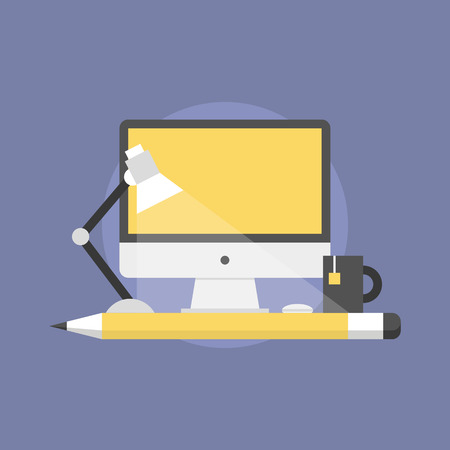 Designer workplace, web design studio agency development process with modern desktop computer. Flat icon modern design style vector illustration concept.のイラスト素材
