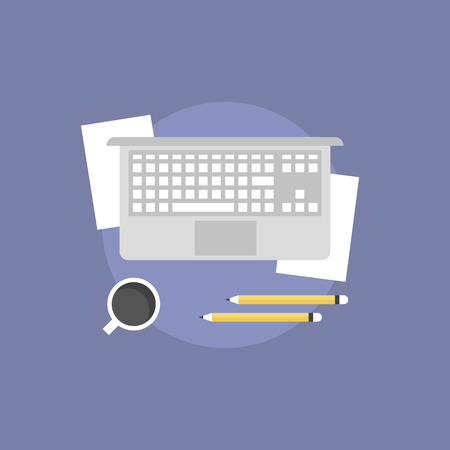 Business workflow concept with modern laptop, office supplies and cup of coffee. Flat icon modern design style vector illustration concept.のイラスト素材