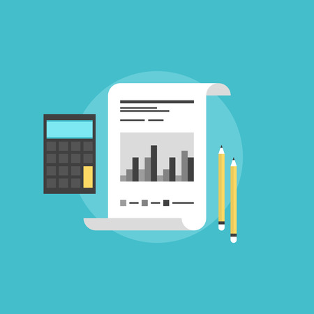 Company financial accounting, market statistics with calculator and pencils, corporate data analyzing. Flat icon modern design style vector illustration concept.のイラスト素材