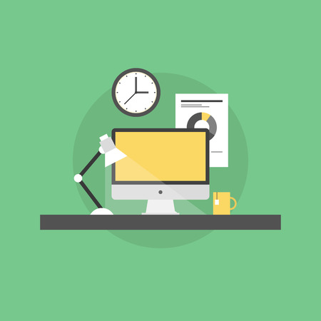 Office workplace of corporate manager with desktop computer and financial paper document on a wall. Flat icon modern design style vector illustration concept.のイラスト素材