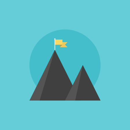 Mountain peak with flag as metaphor of businessman top performance, leadership achievement and success competition. Flat icon modern design style vector illustration concept.のイラスト素材