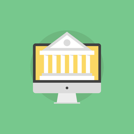 Online banking technology, computer monitor with bank building on a screen, financial service via internet access. Flat icon modern design style vector illustration concept.のイラスト素材