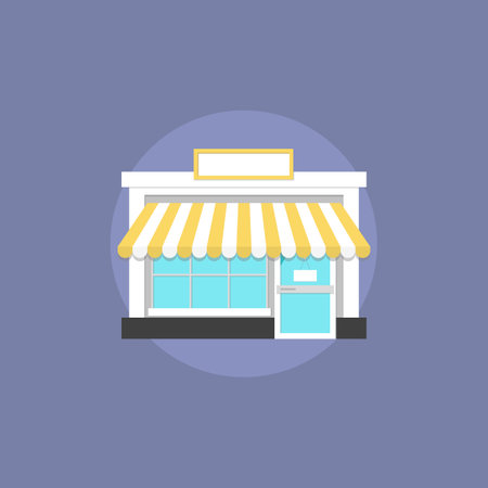 Small shop facade architecture, commercial building for shopping, local house for trading goods. Flat icon modern design style vector illustration concept.のイラスト素材