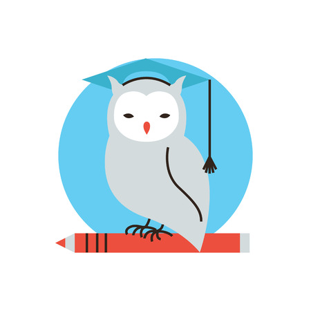 Thin line icon with flat design element of wise owl, university studies, student learning, symbol study, process of education, learn wisdom. Modern style icon vector illustration concept.のイラスト素材