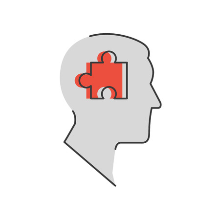 Thin line icon with flat design element of success solution, intelligence person, human brain, collect puzzle, idea in head, strategy decision. のイラスト素材