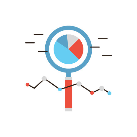 Thin line icon with flat design element of market analysis, business infographics, statistics data, magnifying lens, financial analytics. のイラスト素材