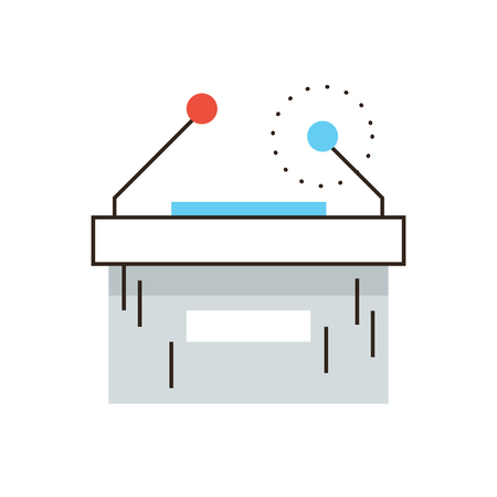 Thin line icon with flat design element of press conference table, business seminar, political campaign speech, presentation podium with microphone. Modern style logo vector illustration concept.のイラスト素材