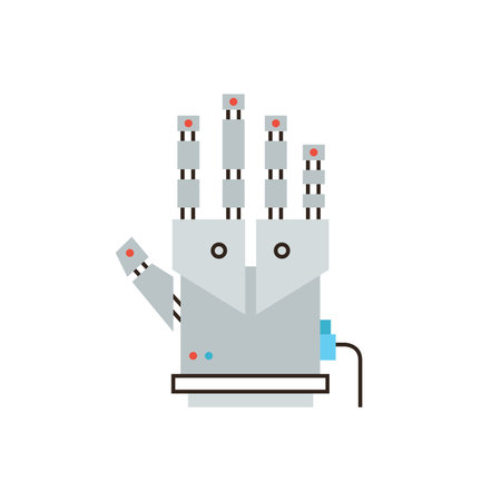 Thin line icon with flat design element of cyber glove for virtual reality, innovative digital input device, robotic hand for entertainment technology. Modern style logo vector illustration concept.のイラスト素材
