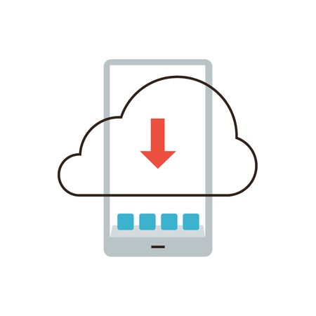 Thin line icon with flat design element of cloud computing data storage on smartphone, mobile phone information backup, download application. Modern style logo vector illustration concept.のイラスト素材