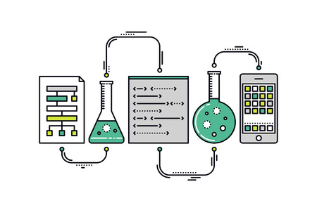 Thin line flat design of laboratory experiment with scientific datum, chemical reaction process, science big data analysis, mobile app. Modern vector illustration concept, isolated on white background.のイラスト素材