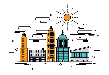 Thin line flat design of business city architecture, commercial building and street facilities, major central district with offices. Modern vector illustration concept, isolated on white background.のイラスト素材