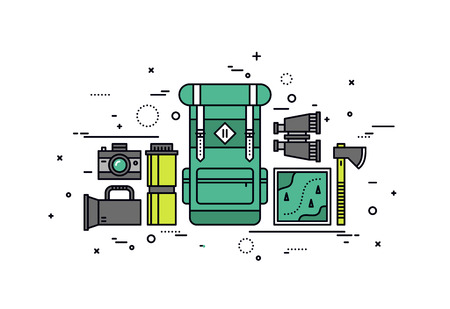 Thin line flat design of rucksack packing and trip planning, preparing necessary items for adventure, hiking equipment backpacking. Modern vector illustration concept, isolated on white background.のイラスト素材