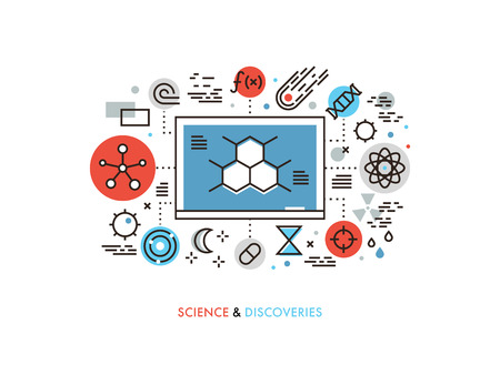 Thin line flat design of STEM academic disciplines, science education and knowledge about life evolution, chemistry research discovery. Modern vector illustration concept, isolated on white background.のイラスト素材