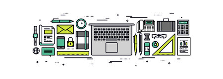 Thin line flat design of business essentials supplies, laptop with office tools and equipment, top view on work desk with accessories. Modern vector illustration concept, isolated on white background.のイラスト素材