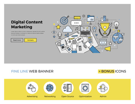 Flat line design of web banner template with outline icons of digital content marketing editor at work, business workflow online strategy. Modern vector illustration concept for website or infographics.のイラスト素材