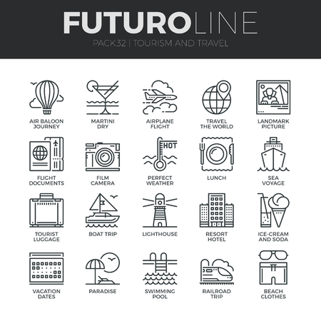 Modern thin line icons set of tourism travel transportation, trip to resort hotel. Premium quality outline symbol collection. Simple mono linear pictogram pack. Stroke vector icon concept for web graphics.のイラスト素材