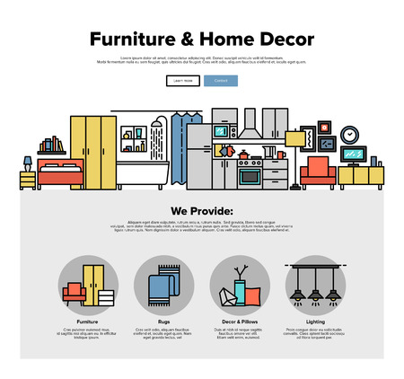 One page web design template with thin line icons of home interior decoration, living room improvement, furniture and decor for house. Flat design graphic hero image concept, website elements layout.のイラスト素材