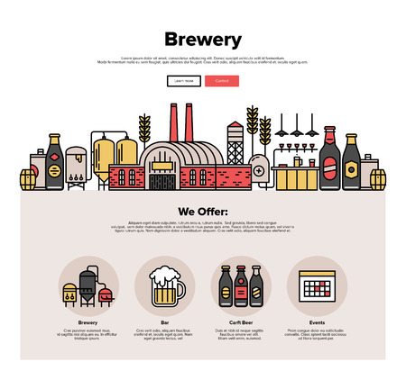 One page web design template with thin line icons of family brewery factory production, beer brewing process, traditional beer crafting. Flat design graphic hero image concept, website elements layout.のイラスト素材