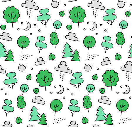 Modern line icons seamless pattern texture of nature elements, green forest trees, park scene, ecology friendly environment. Flat design graphic, perfect for web background or print wrapping decoration.のイラスト素材