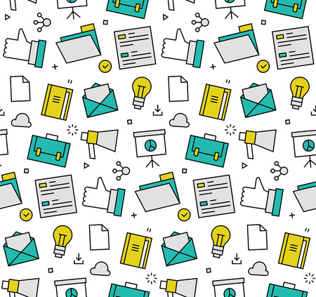 Modern line icons seamless pattern texture of social media marketing, digital business tools, market data presentation. Flat design graphic, perfect for web background or print wrapping decoration.のイラスト素材