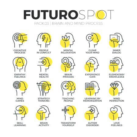 Stroke line icons set of human brain features, mind feelings and emotions. Modern flat linear pictogram concept. Premium quality outline symbol collection. Simple vector material design of web graphics.のイラスト素材