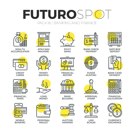 Stroke line icons set of banking and financial services, money savings. Modern flat linear pictogram concept. Premium quality outline symbol collection. Simple vector material design of web graphics.のイラスト素材