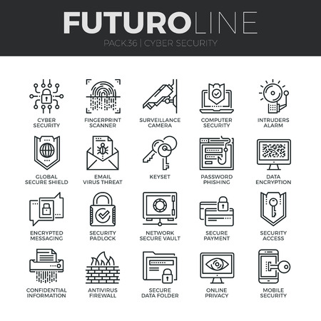 Modern thin line icons set of cyber security, computer network protection. Premium quality outline symbol collection. Simple mono linear pictogram pack. Stroke vector logo concept for web graphics.のイラスト素材