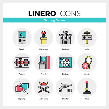 Line icons set of video game genres, retro computer gaming. Modern color flat design linear pictogram collection. Outline vector concept of mono stroke symbol pack. Premium quality web graphics material.のイラスト素材