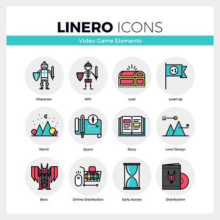 Line icons set of video game character and NPC development. Modern color flat design linear pictogram collection. Outline vector concept of mono stroke symbol pack. Premium quality web graphics material.のイラスト素材