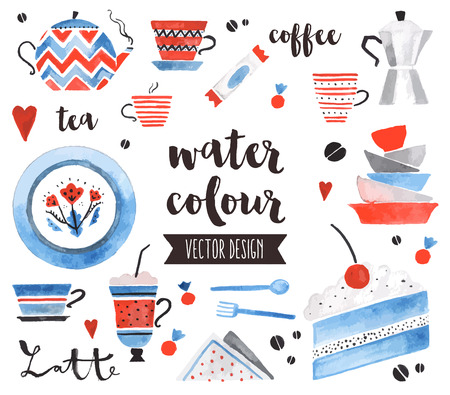 Premium quality watercolor icons set of traditional tea pot, bright ceramic plates.  decoration with text lettering. Flat lay watercolour objects isolated on white background.のイラスト素材