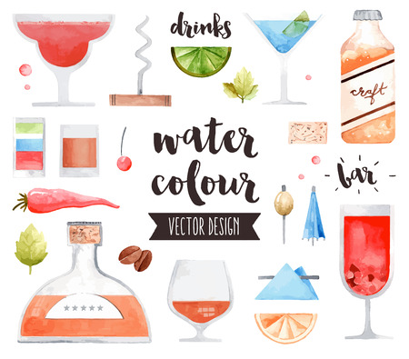 Premium quality watercolor icons set of alcohol drinks and various bar cocktails. realistic decoration with text lettering. Flat lay watercolour objects isolated on white background.のイラスト素材