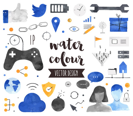 Premium quality watercolor icons set of people connection, social gaming community. Hand drawn realistic decoration with text lettering. Flat lay watercolour objects isolated on white background.のイラスト素材