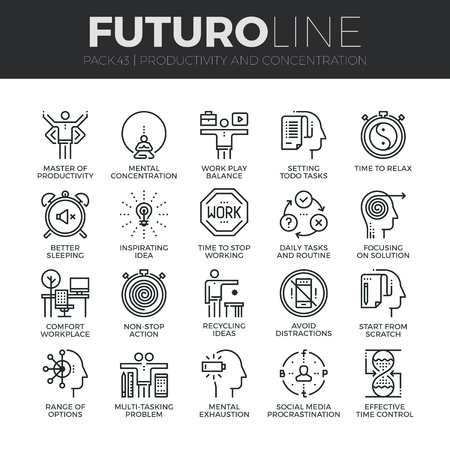 Modern thin line icons set of task productivity, get things done, concentration. Premium quality outline symbol collection. Simple mono linear pictogram pack. Stroke concept for web graphics.のイラスト素材