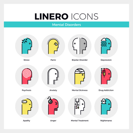 Line icons set of human mental disorders, personal emotions. Modern color flat design linear pictogram collection. Outline vector concept of mono stroke symbol pack. Premium quality web graphics material.のイラスト素材