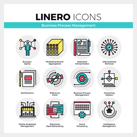 Line icons set of business process management features. Modern color flat design linear pictogram collection. Outline vector concept of mono stroke symbol pack. Premium quality web graphics material.のイラスト素材