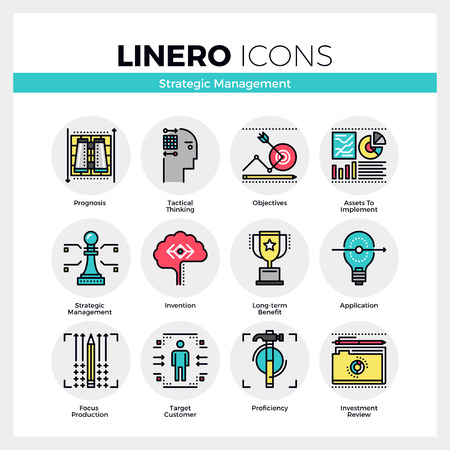 Line icons set of strategic management, long-term success. Modern color flat design linear pictogram collection. Outline vector concept of mono stroke symbol pack. Premium quality web graphics material.のイラスト素材