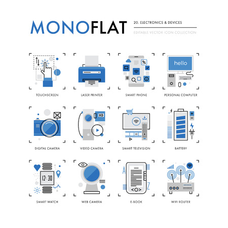 Infographics icons collection of personal computer devices, consumer electronics technology. Modern thin line icons set. Premium quality illustration concept. Flat design web graphics elements.のイラスト素材