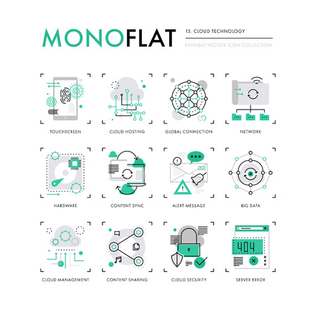 Infographics icons collection of cloud platform services, cloud technology of computing network. Modern thin line icons set. Premium quality illustration concept. Flat design web graphics elements.のイラスト素材