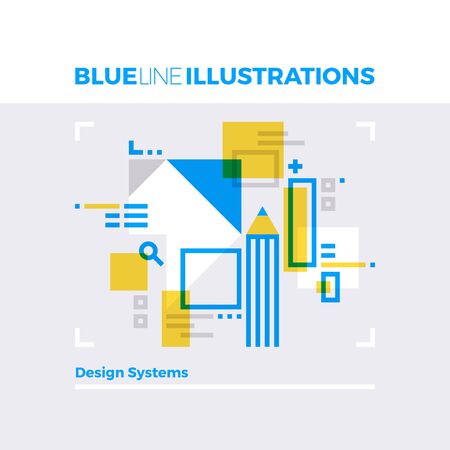 Blue line illustration concept of design systems, art working and media content creation. Premium quality flat line image. Detailed line icon graphic elements with overlay and multiply color forms.のイラスト素材