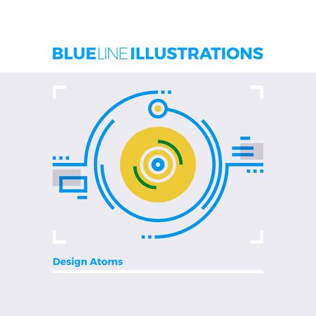 Blue line illustration concept of atomic design and particles collision moment. Premium quality flat line image. Detailed line icon graphic elements with overlay and multiply color forms.のイラスト素材
