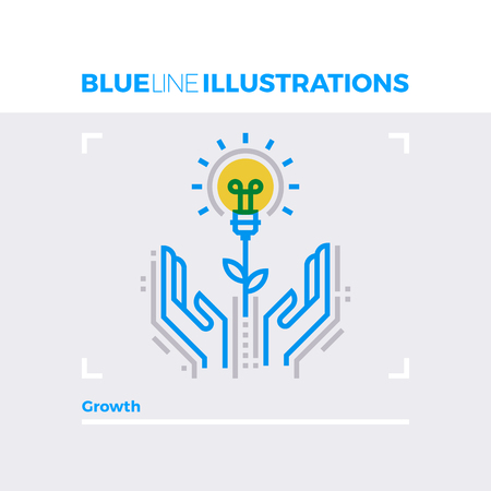 Blue line illustration concept of growing plants and ideas, new business rising. Premium quality flat line image. Detailed line icon graphic elements with overlay and multiply color forms.のイラスト素材