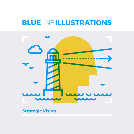 Blue line illustration concept of strategic vision, lighthouse and sea landscape. Premium quality flat line image. Detailed line icon graphic elements with overlay and multiply color forms.のイラスト素材