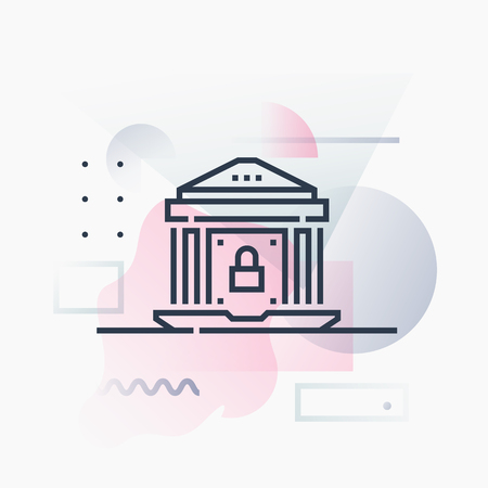 Abstract illustration concept of digital bank security, online safety personal finances. Premium quality unique graphic design with modern line icon symbol and colored geometric shapes on background.のイラスト素材