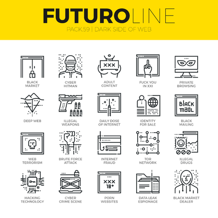 Unique thin line icons set of darknet deep web and hacker technology. Premium quality outline symbol collection. Modern linear pictogram pack of metaphors. Stroke vector logo concept for web graphics.のイラスト素材