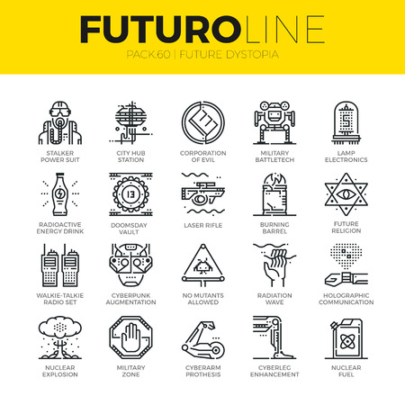 Unique thin line icons set of future world dystopia, nuclear disaster. Premium quality outline symbol collection. Modern linear pictogram pack of metaphors. Stroke vector logo concept for web graphics.のイラスト素材