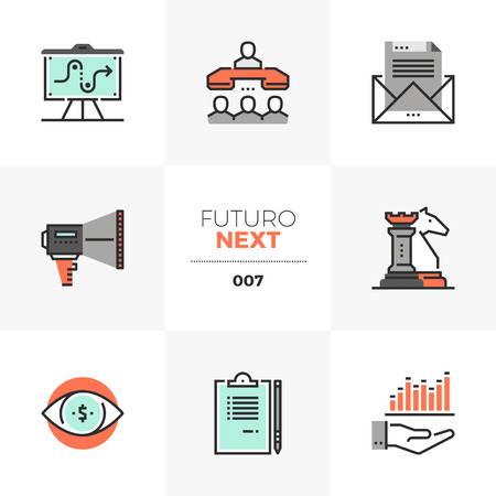 Semi-flat icons set of market strategy, success business tactics in unique color flat graphics elements with stroke lines for web, branding, infographics.のイラスト素材