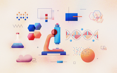 Genomic analysis of DNA sequence in laboratory. Bioinformatics research for biological information. Data science technology development. Modern flat design illustration concept on textured background.の写真素材