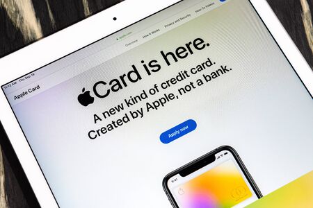 Kyiv, Ukraine - September 19, 2019: A close-up shot of apple.com website with an announcement about the release of Apple Card, a new kind of banking card created by Apple Inc.のeditorial素材