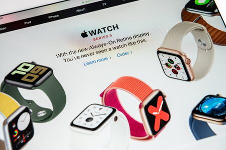 Kyiv, Ukraine - September 19, 2019: A close-up shot of apple.com website with an announcement about Apple Inc. officially released the Apple Watch Series 5, the new smartwatch model.のeditorial素材