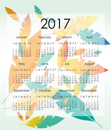 Colorful calendar planner for 2017 vector illustration. Stationery design template, week starts Sunday. Decorative feathers background for calendar, planner, events, news, schedule, personal organizerのイラスト素材